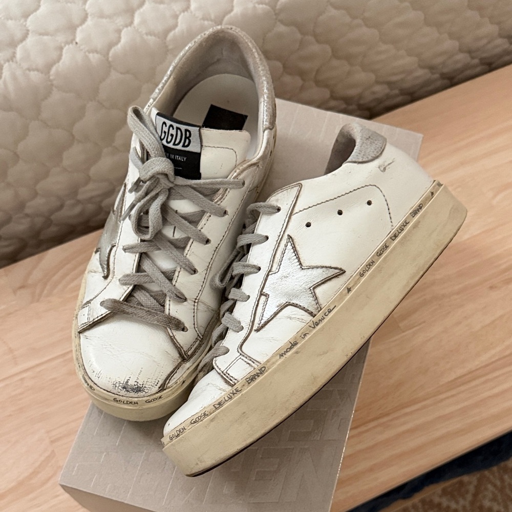 Golden Goose White Leather Hi Star Sneakers with Silver Star